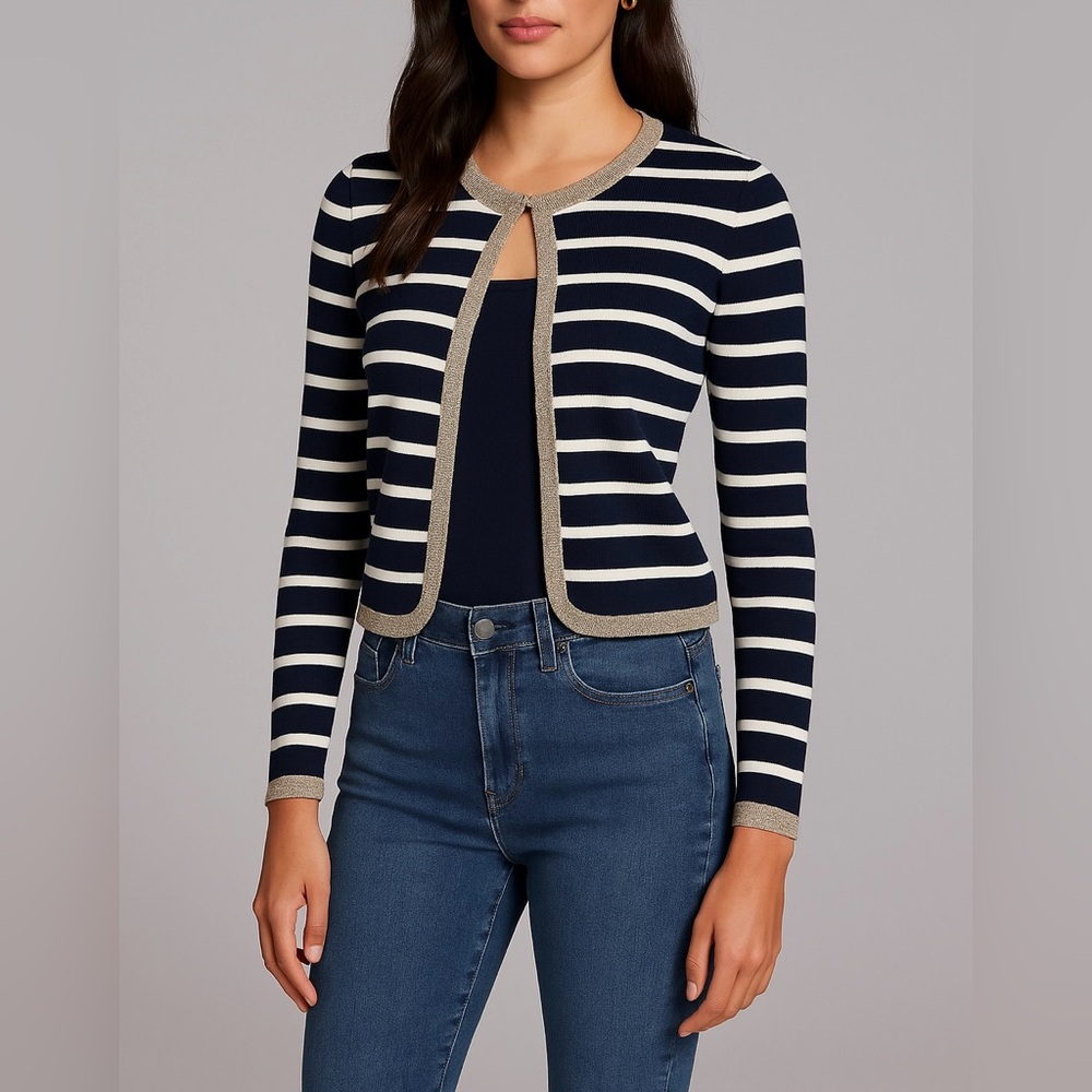 Charter Club Women Sweater S Blue White Gold Striped Metallic Cardigan